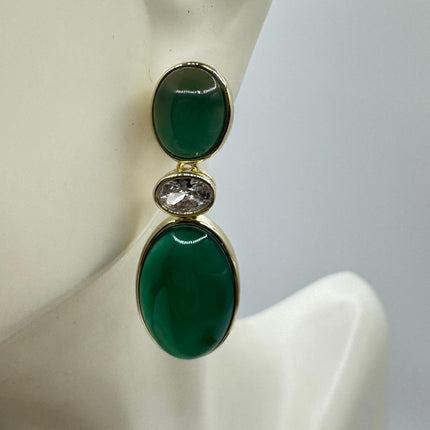 Vintage Green Jade Dangle Lucky Gold Sterling Silver Earrings
