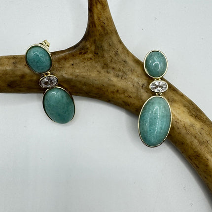 Vintage Green Amazonite Dangle Lucky Gold Sterling Silver Earrings