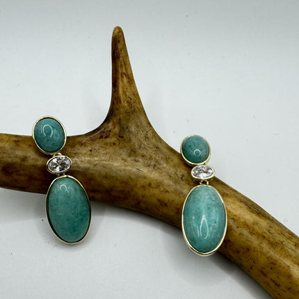 Vintage Green Amazonite Dangle Lucky Gold Sterling Silver Earrings