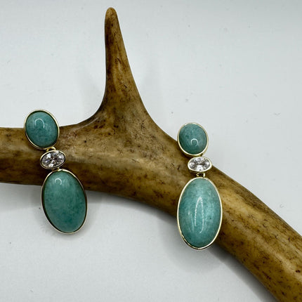 Vintage Green Amazonite Dangle Lucky Gold Sterling Silver Earrings