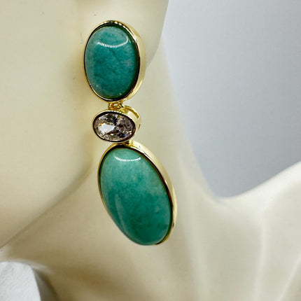 Vintage Green Amazonite Dangle Lucky Gold Sterling Silver Earrings