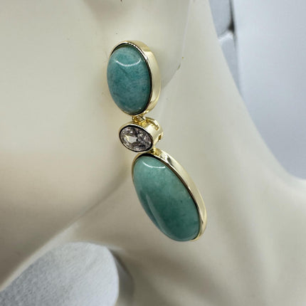 Vintage Green Amazonite Dangle Lucky Gold Sterling Silver Earrings