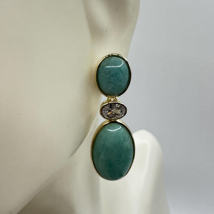 Vintage Green Amazonite Dangle Lucky Gold Sterling Silver Earrings
