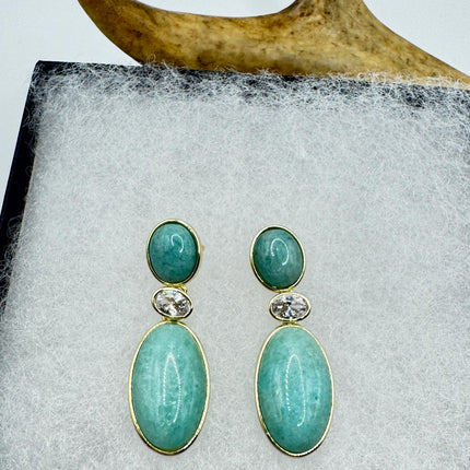 Vintage Green Amazonite Dangle Lucky Gold Sterling Silver Earrings