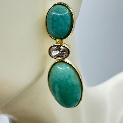Vintage Green Amazonite Dangle Lucky Gold Sterling Silver Earrings