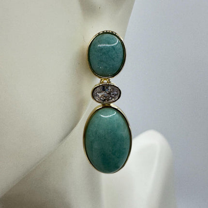 Vintage Green Amazonite Dangle Lucky Gold Sterling Silver Earrings