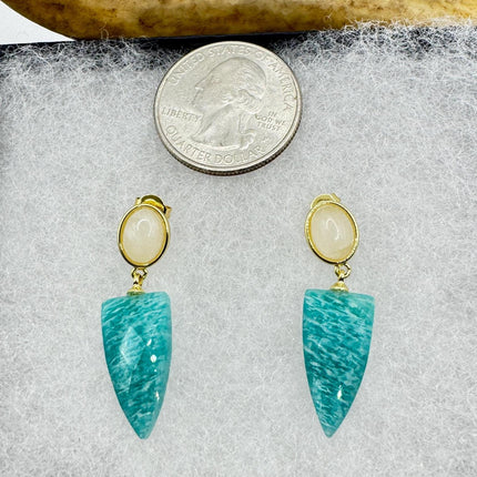 Vintage Green Amazonite Dangle Lucky Gold Sterling Silver Earrings