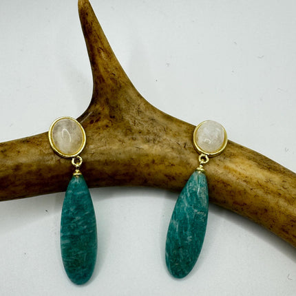 Vintage Green Amazonite Dangle Lucky Gold Sterling Silver Earrings