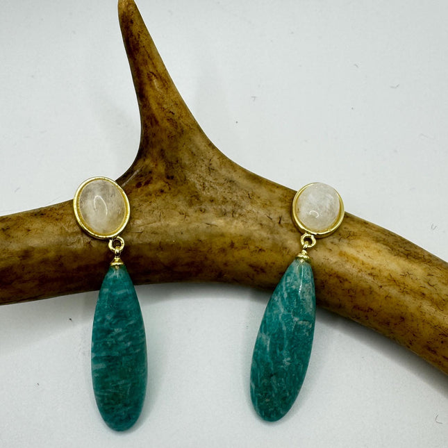 Vintage Green Amazonite Dangle Lucky Gold Sterling Silver Earrings