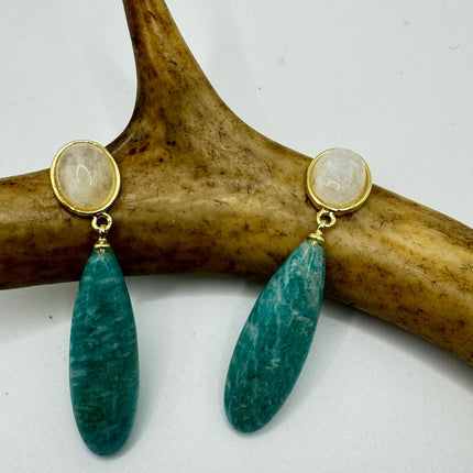 Vintage Green Amazonite Dangle Lucky Gold Sterling Silver Earrings