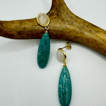 Vintage Green Amazonite Dangle Lucky Gold Sterling Silver Earrings