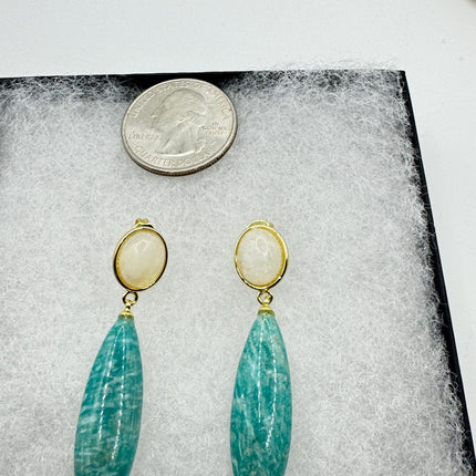Vintage Green Amazonite Dangle Lucky Gold Sterling Silver Earrings