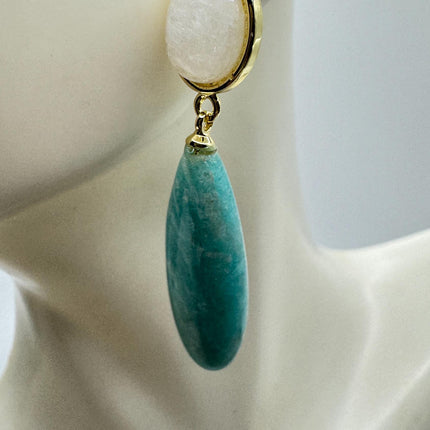 Vintage Green Amazonite Dangle Lucky Gold Sterling Silver Earrings