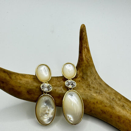 Vintage White Mother of Pearl Silver Drop Earrings Golden 925 Sterling Silver