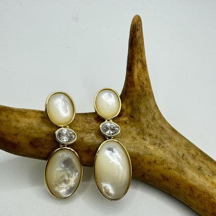 Vintage White Mother of Pearl Silver Drop Earrings Golden 925 Sterling Silver