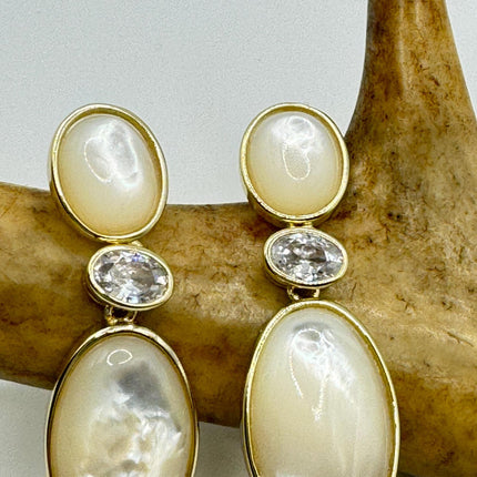 Vintage White Mother of Pearl Silver Drop Earrings Golden 925 Sterling Silver