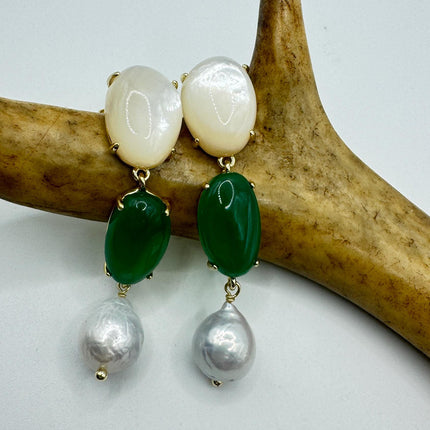 Vintage Jade White Mother of Pearl Silver Drop Earrings Golden 925 Sterling Silver