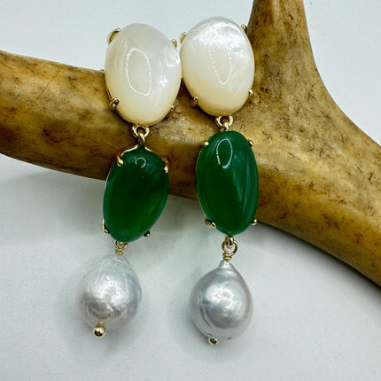 Vintage Jade White Mother of Pearl Silver Drop Earrings Golden 925 Sterling Silver