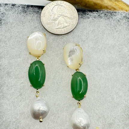 Vintage Jade White Mother of Pearl Silver Drop Earrings Golden 925 Sterling Silver