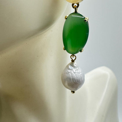 Vintage Jade White Mother of Pearl Silver Drop Earrings Golden 925 Sterling Silver