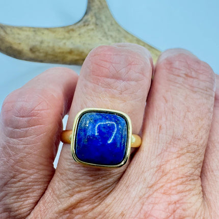 Vintage Blue Lapis Lazuli Crystal Cocktail Ring gold filled adjustable