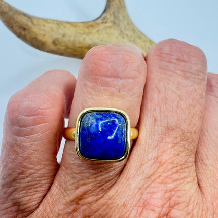 Vintage Blue Lapis Lazuli Crystal Cocktail Ring gold filled adjustable