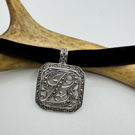 Vintage Silver Initial B Pendant | Marcasite 925 Sterling Silver Choker Necklace