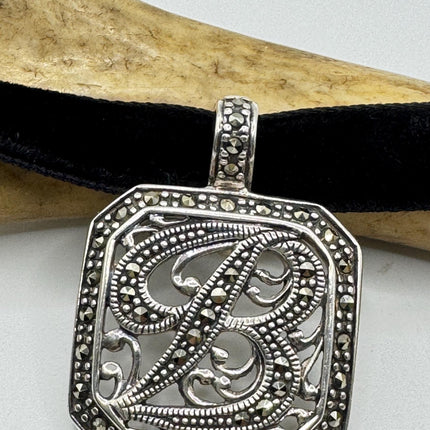 Vintage Silver Initial B Pendant | Marcasite 925 Sterling Silver Choker Necklace