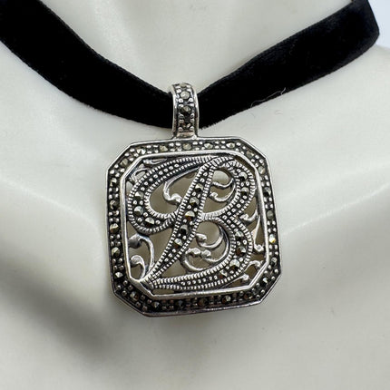 Vintage Silver Initial B Pendant | Marcasite 925 Sterling Silver Choker Necklace