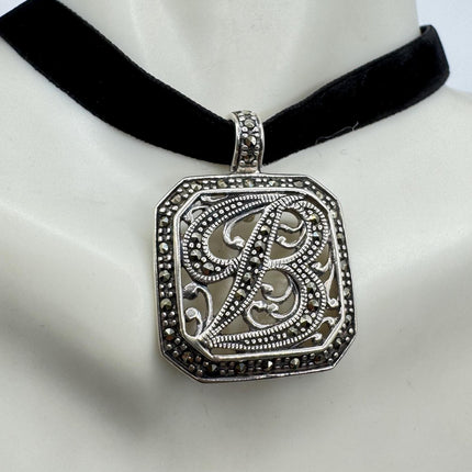 Vintage Silver Initial B Pendant | Marcasite 925 Sterling Silver Choker Necklace