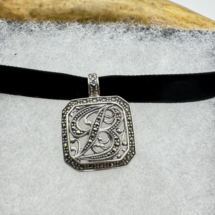 Vintage Silver Initial B Pendant | Marcasite 925 Sterling Silver Choker Necklace