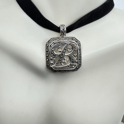 Vintage Silver Initial B Pendant | Marcasite 925 Sterling Silver Choker Necklace