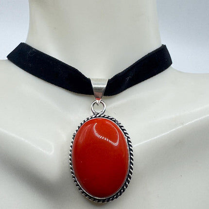 Vintage Red Glass Silver Boho Statement Necklace Black Velvet Choker