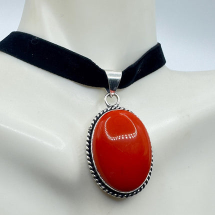 Vintage Red Glass Silver Boho Statement Necklace Black Velvet Choker