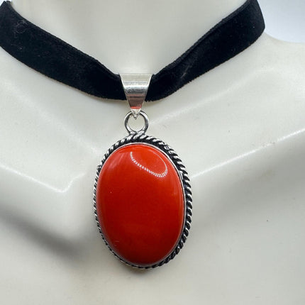 Vintage Red Glass Silver Boho Statement Necklace Black Velvet Choker
