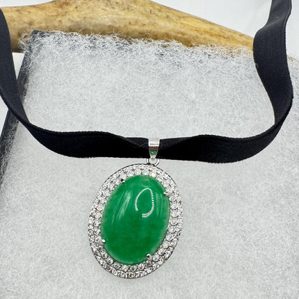 Vintage Green Jade Choker Necklace - Art Deco Silver Bronze