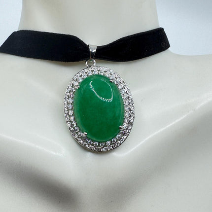 Vintage Green Jade Choker Necklace - Art Deco Silver Bronze