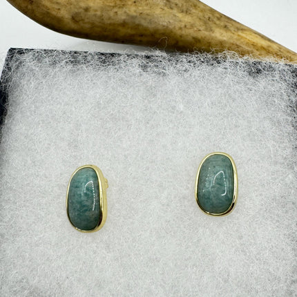 Vintage Green Nephrite Jade Gold 925 Sterling Silver Button Earrings