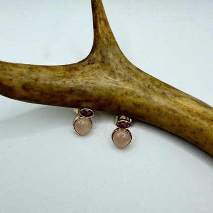Vintage Pink Rose Quartz Earrings - Golden 925 Sterling Silver