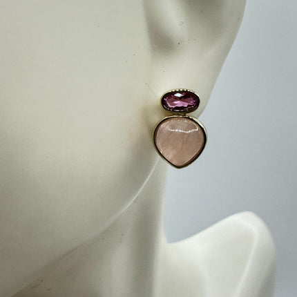 Vintage Pink Rose Quartz Earrings - Golden 925 Sterling Silver
