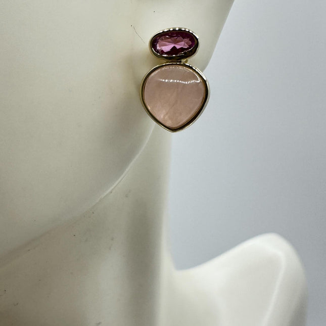 Vintage Pink Rose Quartz Earrings - Golden 925 Sterling Silver