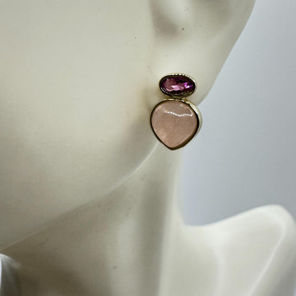 Vintage Pink Rose Quartz Earrings - Golden 925 Sterling Silver