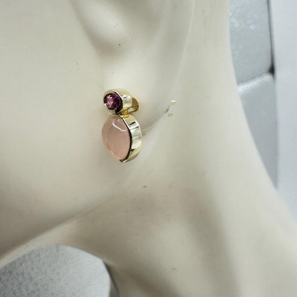 Vintage Pink Rose Quartz Earrings - Golden 925 Sterling Silver
