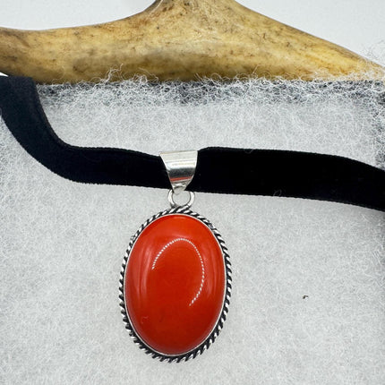 Vintage Red Glass Silver Boho Statement Necklace Black Velvet Choker