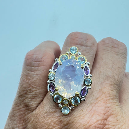 Vintage Lavender Rose Quartz Statement Ring Gold 925 Sterling Silver