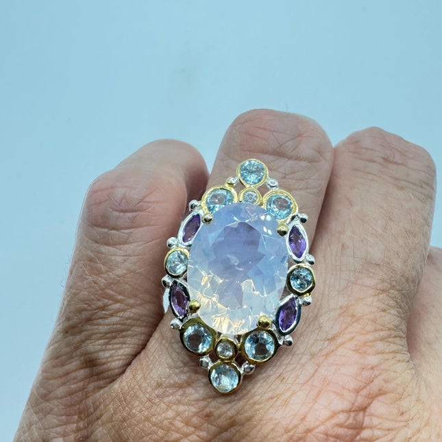 Vintage Lavender Rose Quartz Statement Ring Gold 925 Sterling Silver