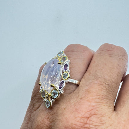 Vintage Lavender Rose Quartz Statement Ring Gold 925 Sterling Silver
