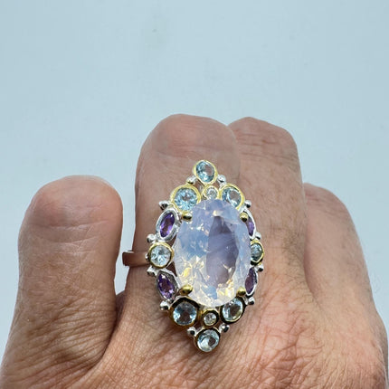 Vintage Lavender Rose Quartz Statement Ring Gold 925 Sterling Silver