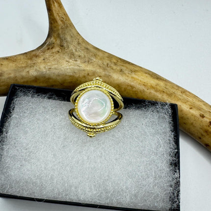 Vintage Mother of Pearl Ring – Gold & Sterling Silver – Adjustable Size