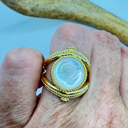Vintage Mother of Pearl Ring – Gold & Sterling Silver – Adjustable Size